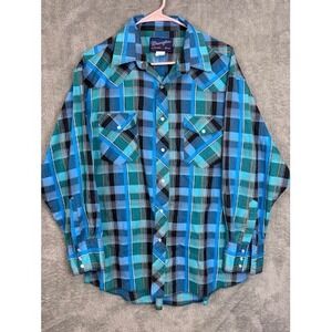 Wrangler Western Shirt Blue Teal Plaid Pearl Snap Long Sleeve X-Long Tails 16.5